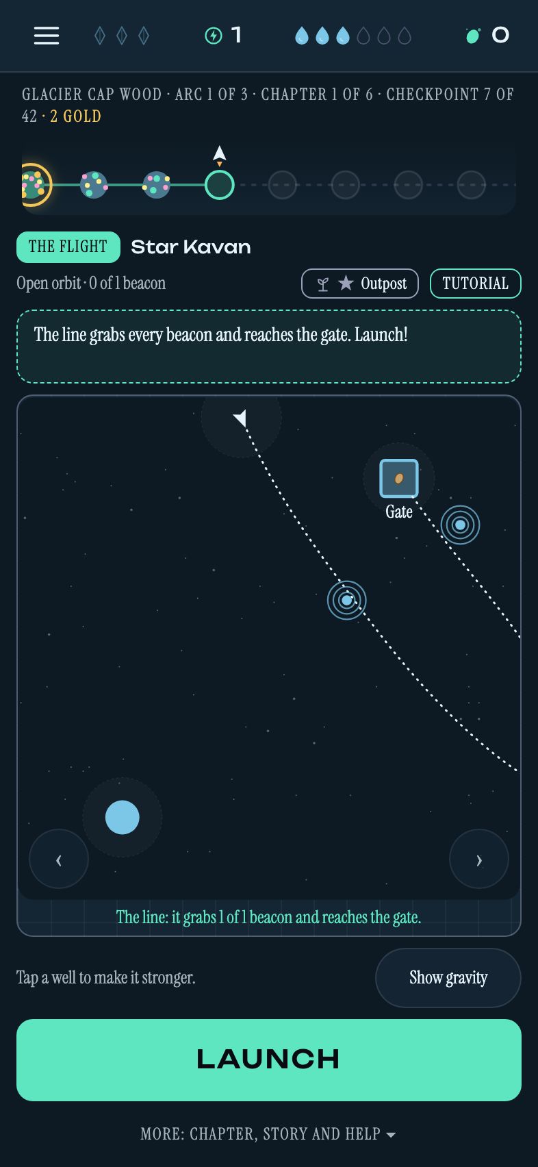 A Flight puzzle on a phone: a dotted line curves past a star, through a beacon and into the gate.