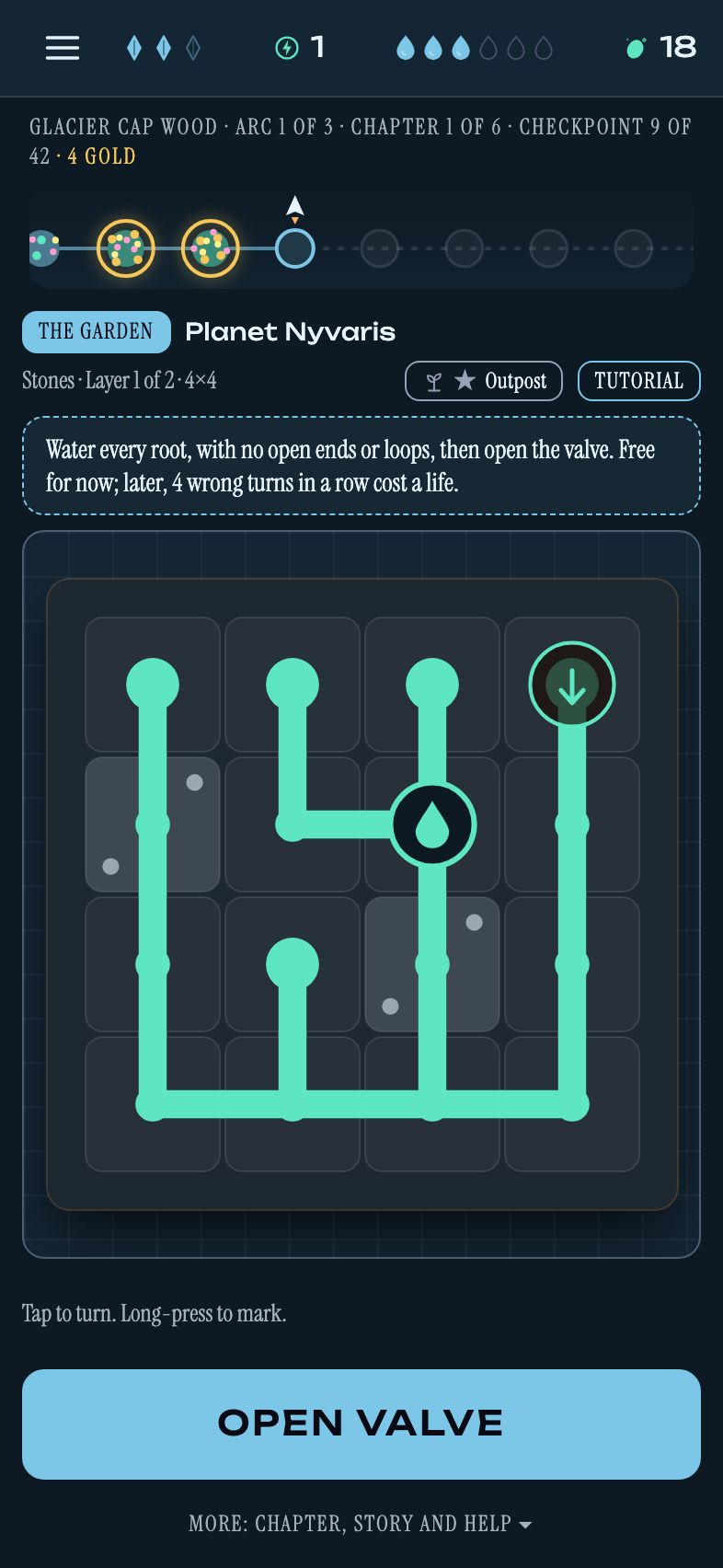 A Garden puzzle on a phone: glowing roots joined from the water drop to the taproot, ready to open the valve.